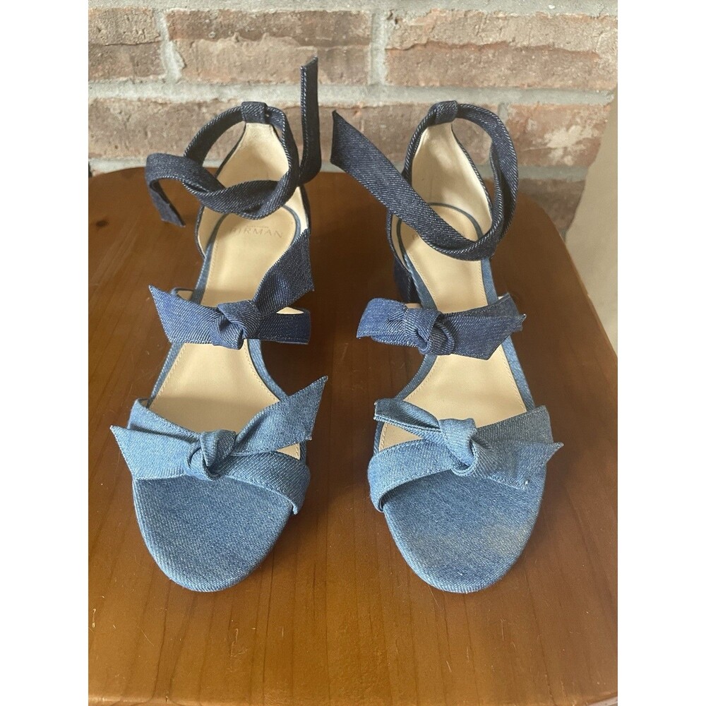 Alexandre Birman Heel Sandals Size 37 Blue Denim Bow Ankle Wrap MSRP $395 - Picture 9 of 13